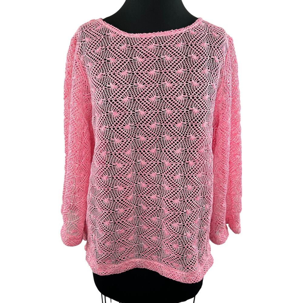 Crescent Moon Clothing Pink Open Knit Round Neck Pullover Sweater Size L Large